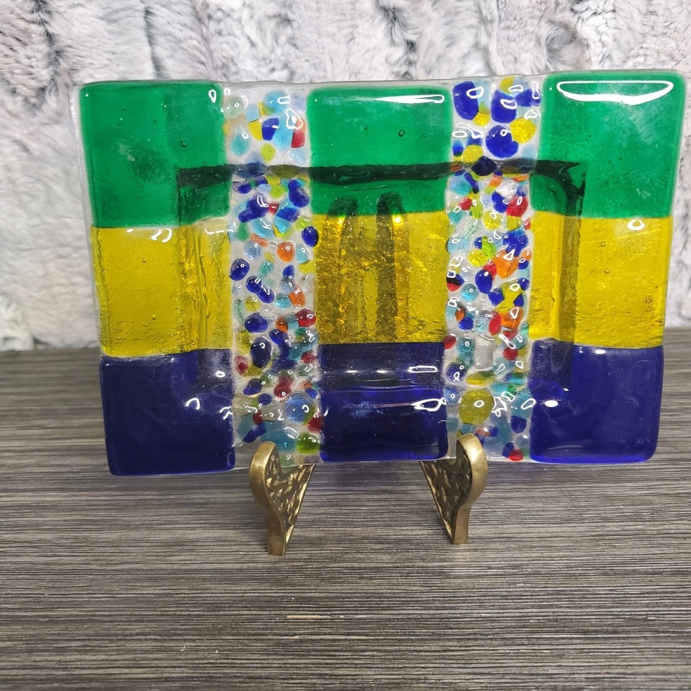 Rectangular Fused Art Glass Soap Dish Jewel Tones 5.5" X 3.75" Blue Yellow Green